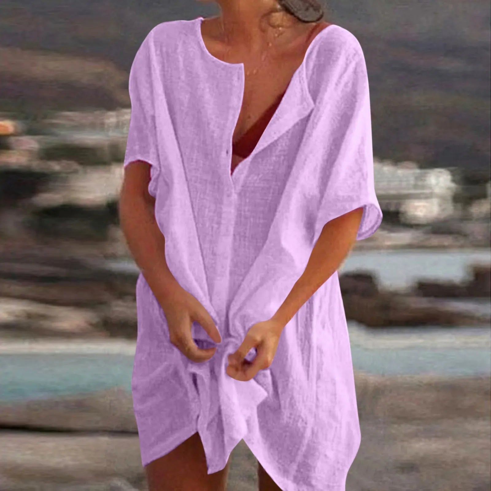 Cotton Linen Breathable And Comfortable Mid Length Oversized Button Down Half Sleeve O-neck Cardigan Casual Beach Suncreen Top