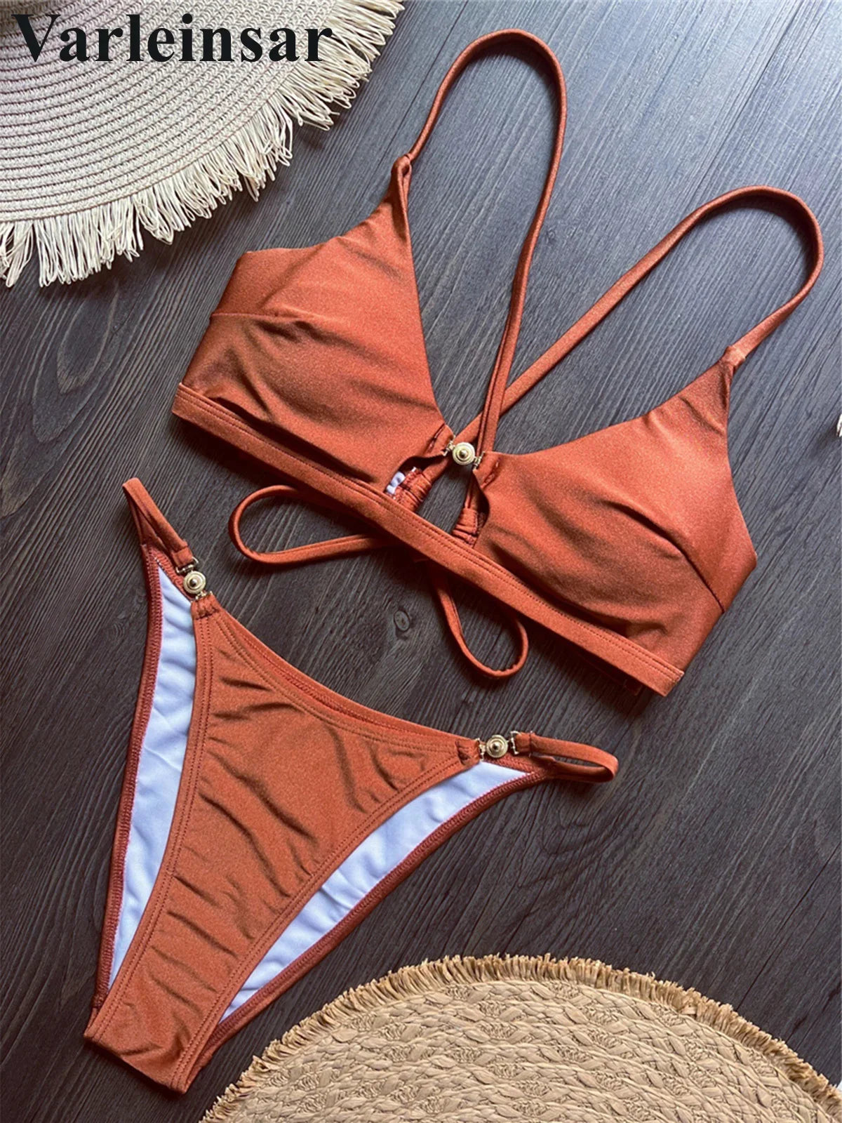 7 Colors New Cross Back Bikini Female Swimsuit Women Swimwear Two-pieces Bikini set High Leg Cut Bather Bathing Suit Swim V8252