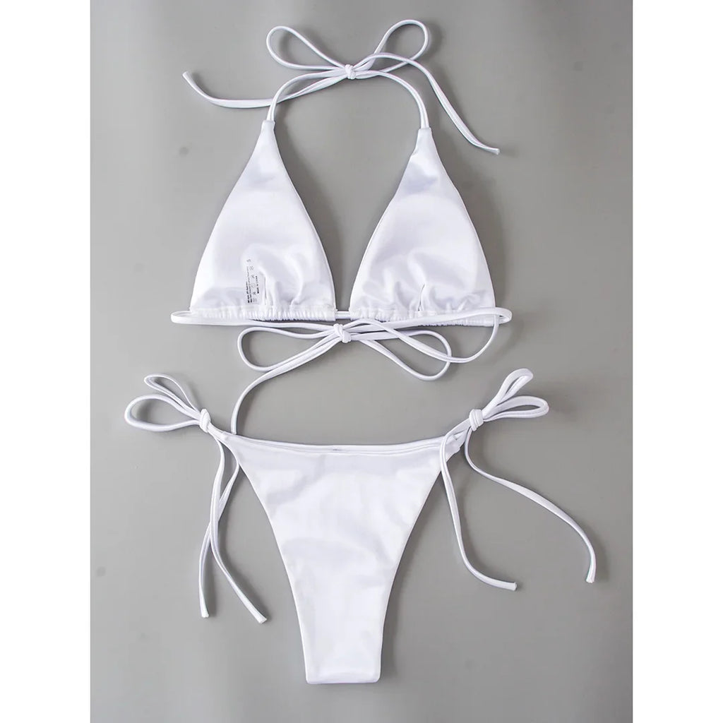 Sexy 13 Colors Halter Satin Brazilian Bikini Women Swimwear Female Swimsuit Two-pieces Bikini set Bather Bathing Suit Swim V4966