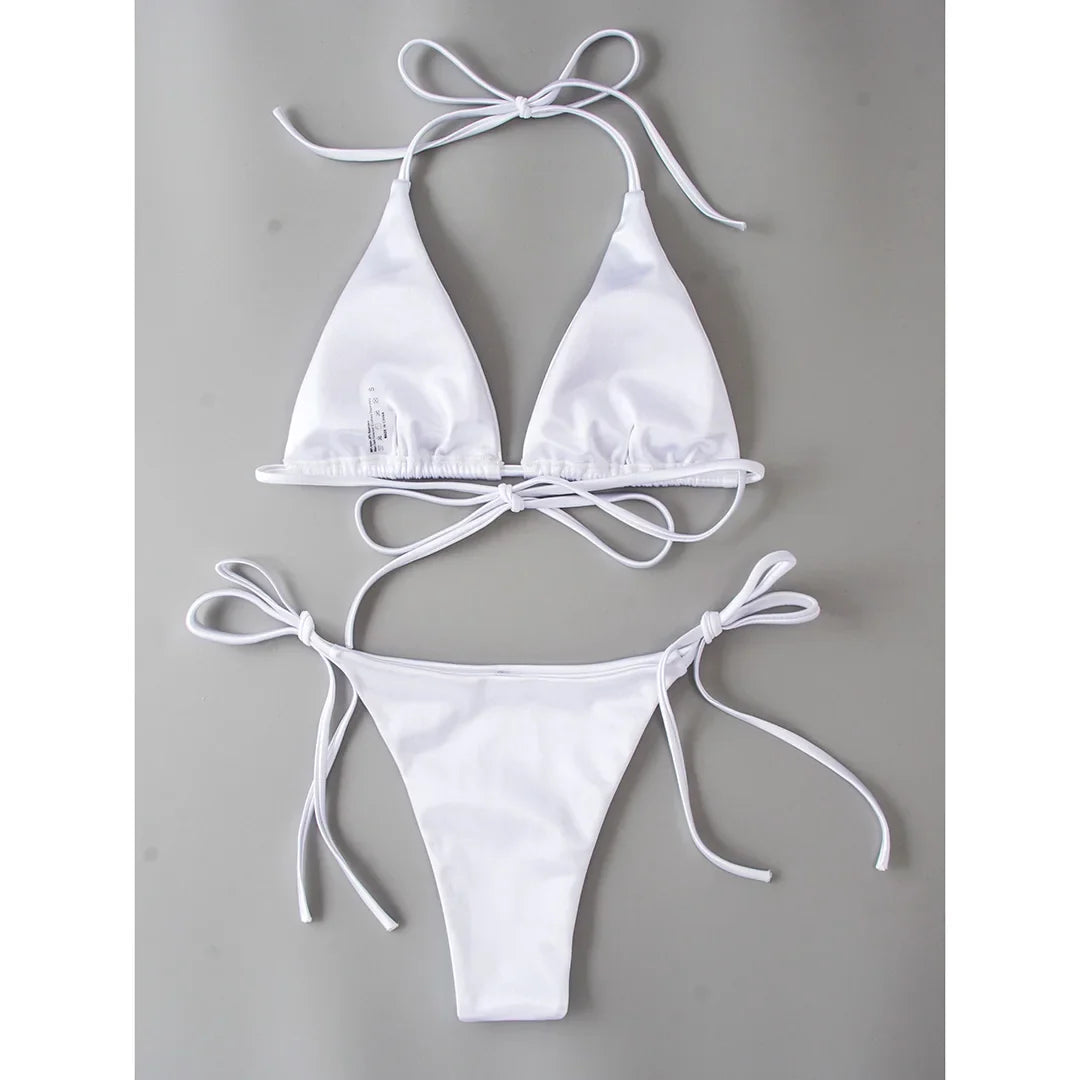 Sexy 13 Colors Halter Satin Brazilian Bikini Women Swimwear Female Swimsuit Two-pieces Bikini set Bather Bathing Suit Swim V4966
