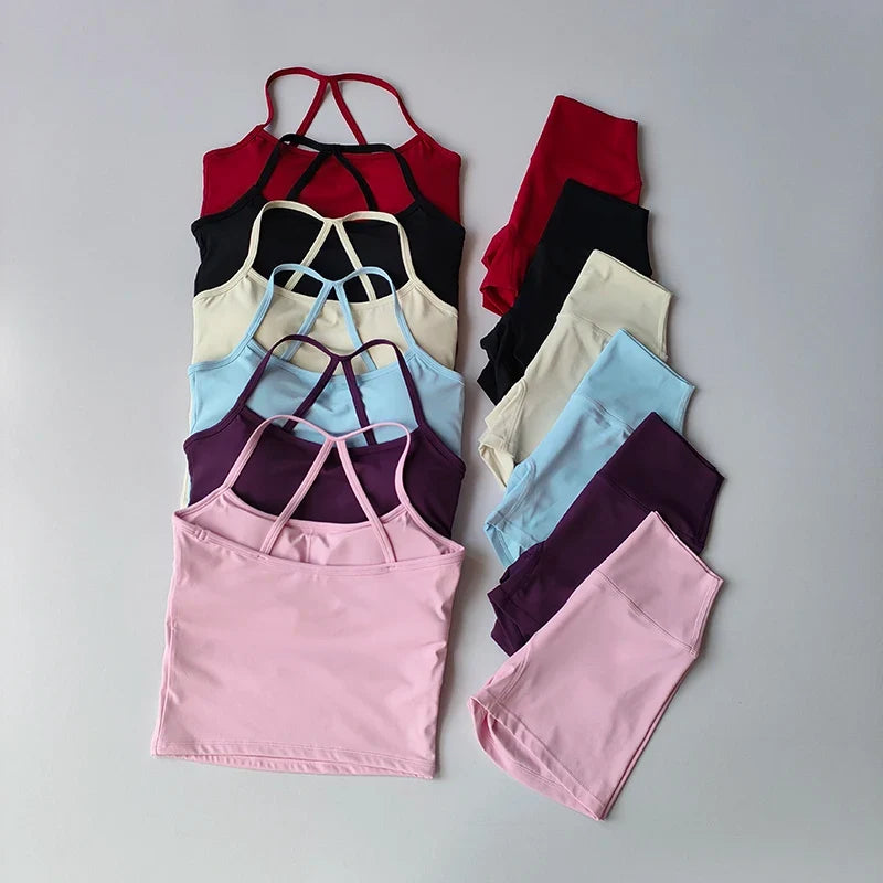 Women's Slim Shoulder Yoga Vest High Waisted Waist Hugging Naked Yoga Three Part Shorts Exercise Set Popular Fitness Clothing