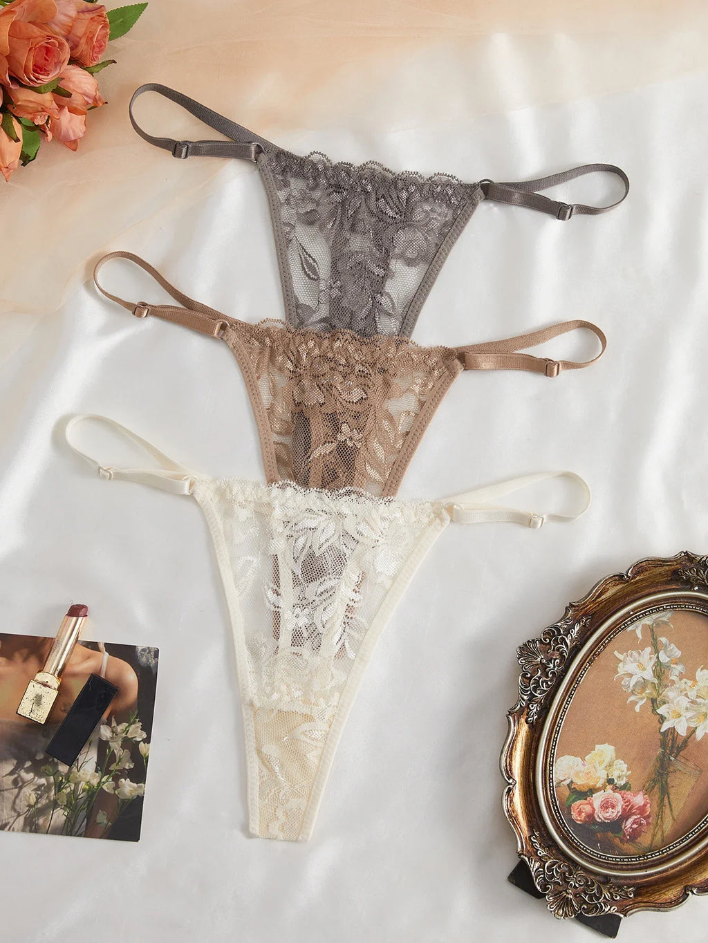 3-Pack Sexy Lace Women's Panties Adjustable Waistband Semi-Transparent Sexy Floral Lace Women's Sexy Lingerie Underwear