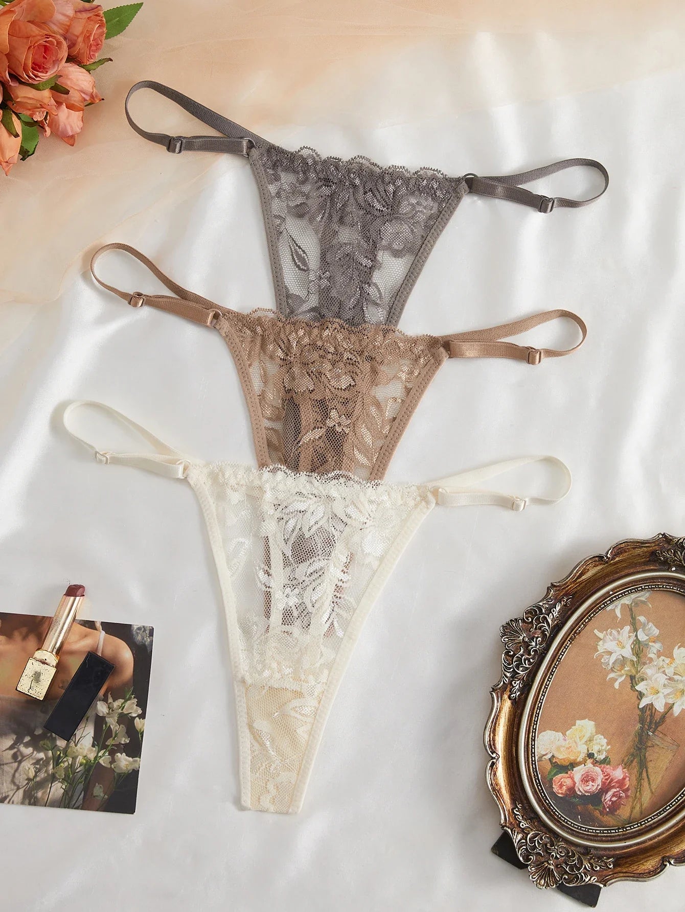 3-Pack Sexy Lace Women's Panties Adjustable Waistband Semi-Transparent Sexy Floral Lace Women's Sexy Lingerie Underwear