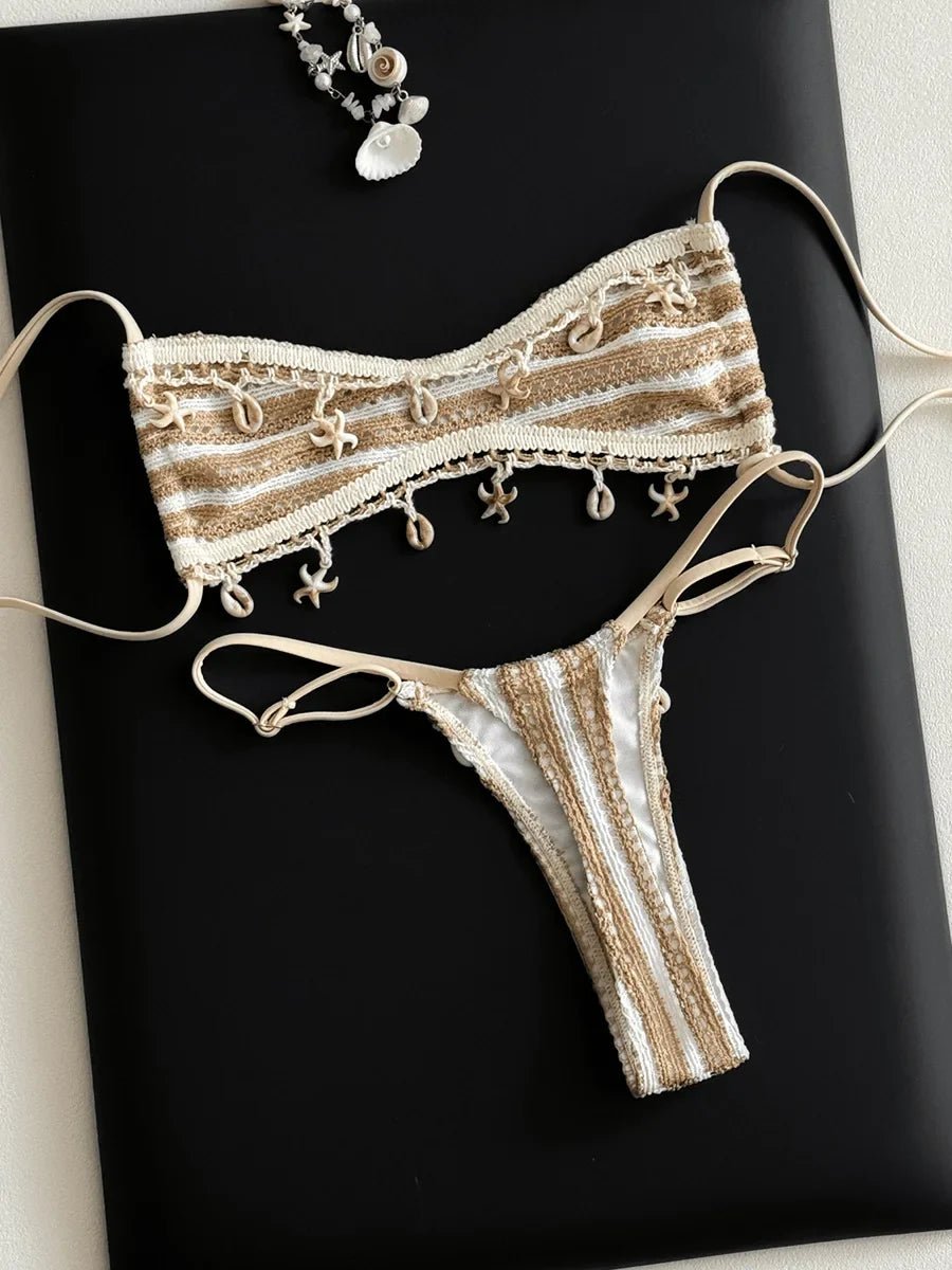 Striped Shell Mini Micro Bikini Women Swimsuit Female Thong Swimwear Two Pieces Bikini Set Bather Bathing Suit Swim Beach Wear