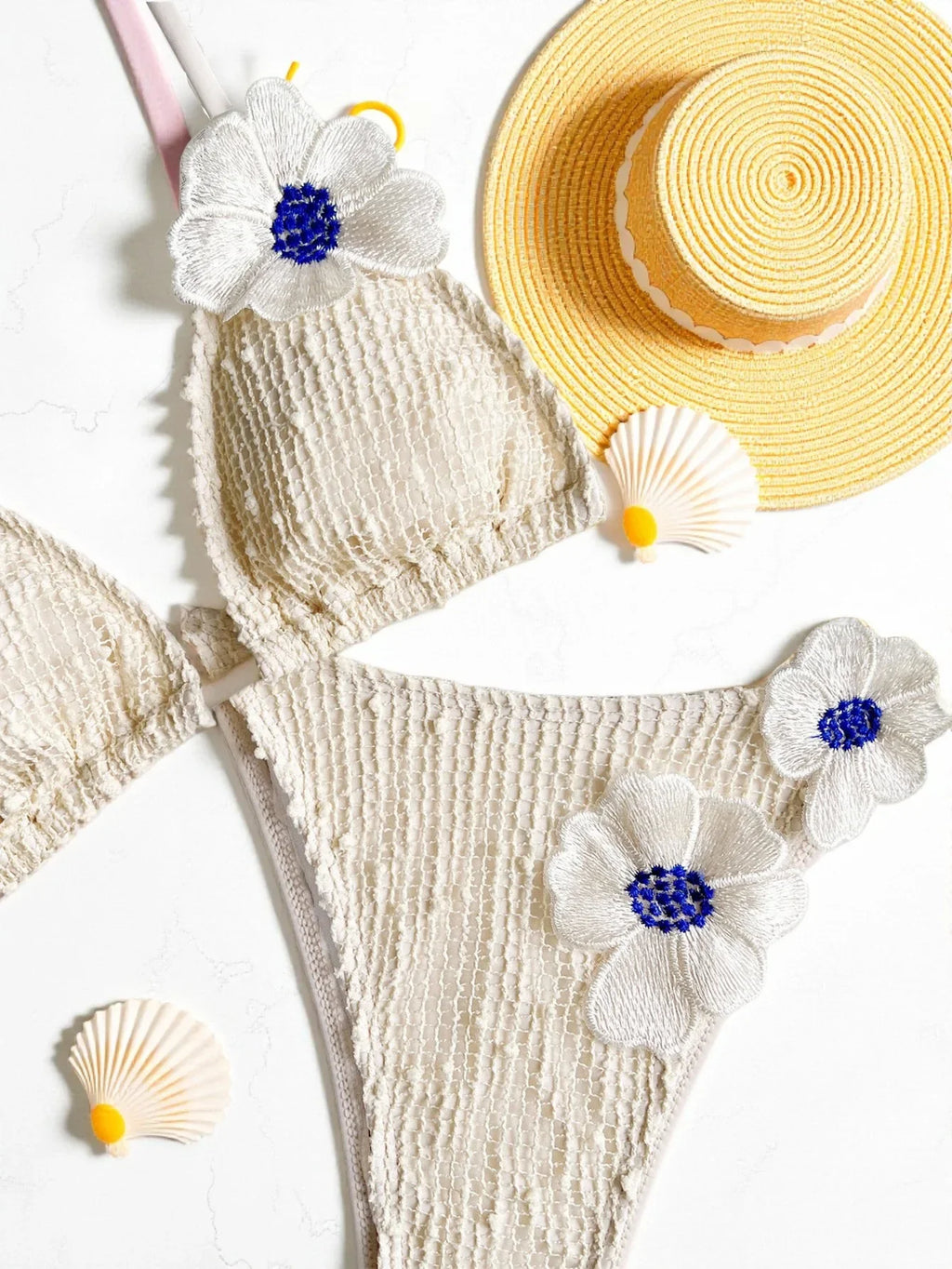 New Summer Women's Micro Bikini Set Crochet 3d Flower Decor Swimsuit Sexy Backless Low Waist Swimwear Push Up Thong Bathing Suit