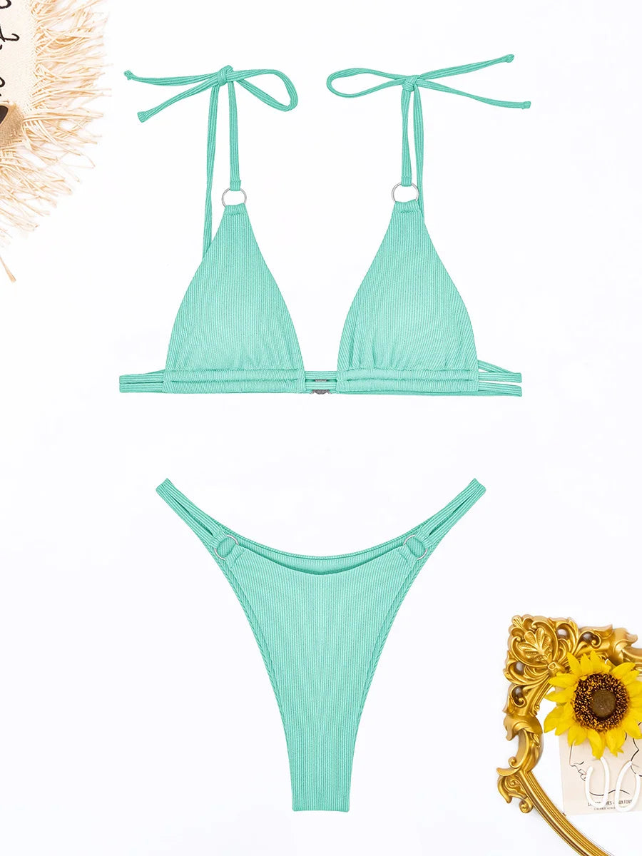 Ring Link Bikini 2025 Solid Sexy Swimsuit Women Padded Swimwear Female Bathers Bathing Swimming Swim Suit Beachwear