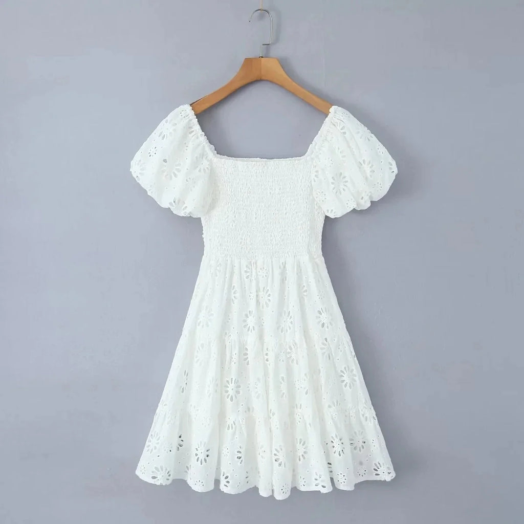 Puff Sleeve Cotton White Lace Dress Women Summer 2025 Square Collar Vintage Beach Short Dress Petite Flower Embriodery  Dress