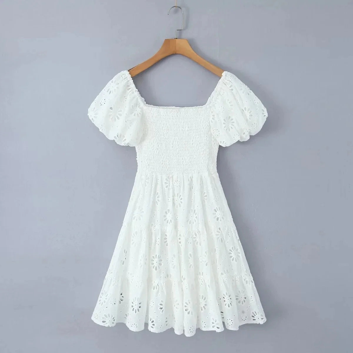 Puff Sleeve Cotton White Lace Dress Women Summer 2025 Square Collar Vintage Beach Short Dress Petite Flower Embriodery  Dress