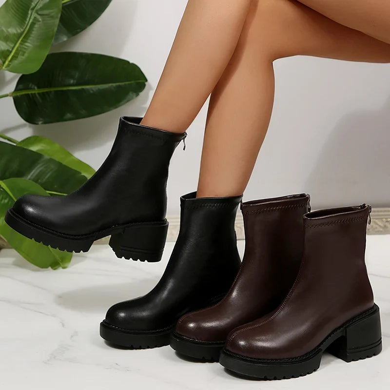 Fashion Thick Heels Ankle Boots Women 2025 Back Zipper Plus Size 35-42 Pu Leather Boots Woman Round Toe Platform Booties Mujer