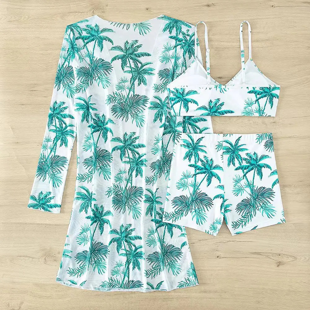 New Sexy 3 Pieces Suit for Women Neck Hanging Bikini Set+Cover-up Swimwear Sunproof Tankini High Waist Shorts Swimsuit Beachwear