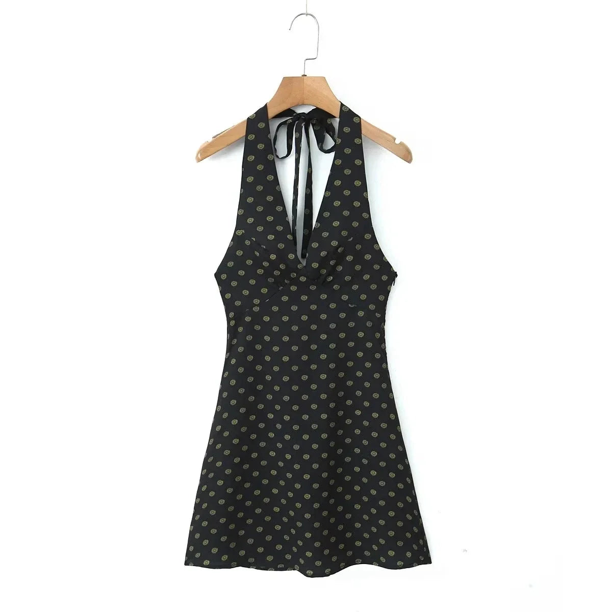 V Neck French Style Summer Women Dress Printed Boho Short Black Beach Dress Party Vintage Backless Tie Up Sexy Halter Dress 2025