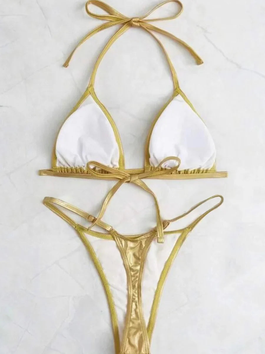 Halter PU Leather Extreme Mini Micro String Bikini Female Swimsuit Women Swimwear Two-pieces Bikini Set Thong Bathing Suit Swim