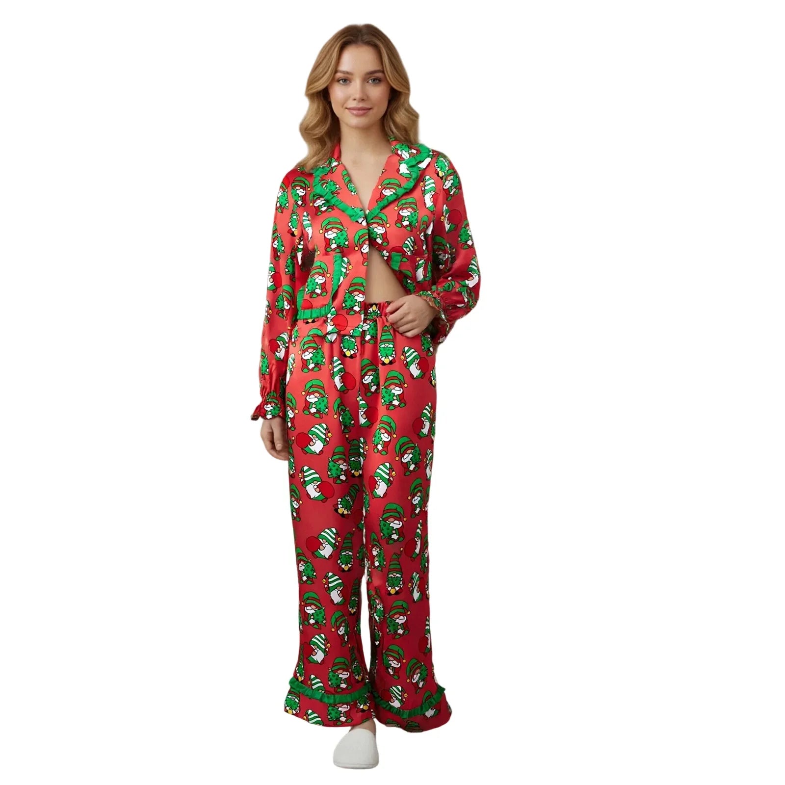 Women's Christmas Pajama Sets Fashionable Lapel V Neck Long Sleeve Printed Tops with Pants 2 Pieces Soft Sleepwear