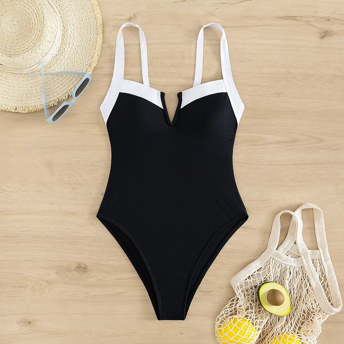 Sexy V Wire Swimwear Women 2025 White Black Contrast Slim Tummy Control One Piece Swimsuit Beach Backless Bathing Suit Monokini