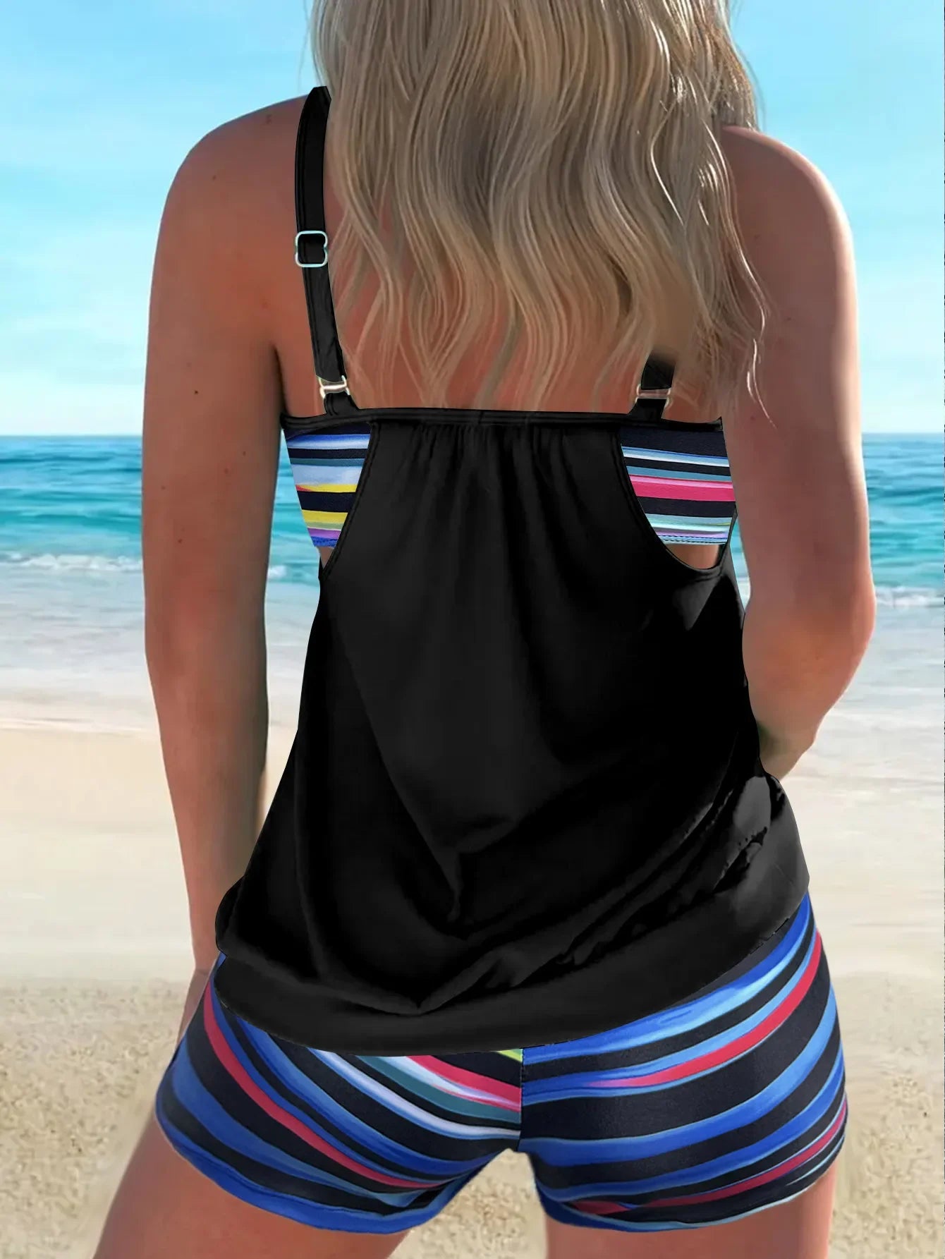 Women's Conservative Two Piece Swimsuit Black Stripe Print Patchwork Crop Top Tankini Set Beach Bathing Suit High Waist Swimwear