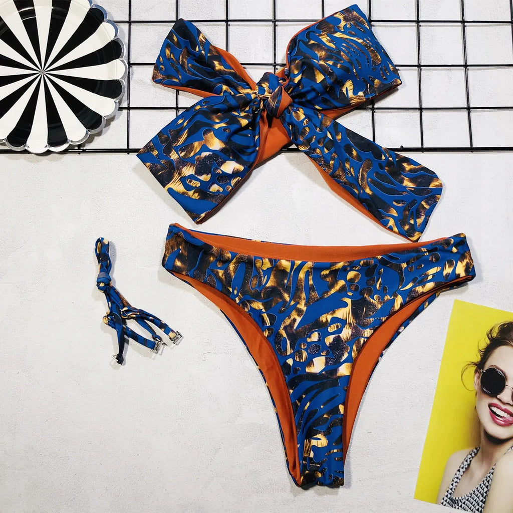 2026 Sexy Bikini Bandeau Women Blue Print Bowknot Swimwear Swimsuit Bikinis Set Bathing Suit Beach Bikini Female Removable Strap