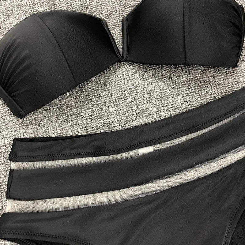Sexy Bra Cup Bandeau Bikinis High Waist Bikini Women Swimsuit Female Swimwear Two-pieces Bikini Set Mesh Bathing Suit Swim Lady