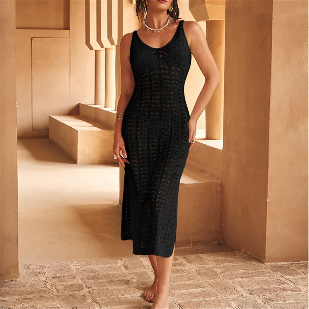 4 Color Hollow Out Sleeveless Crochet Knitted Tunic Beach Cover Up Cover-ups Beach Dress Beach Wear Beachwear Female Women K6783
