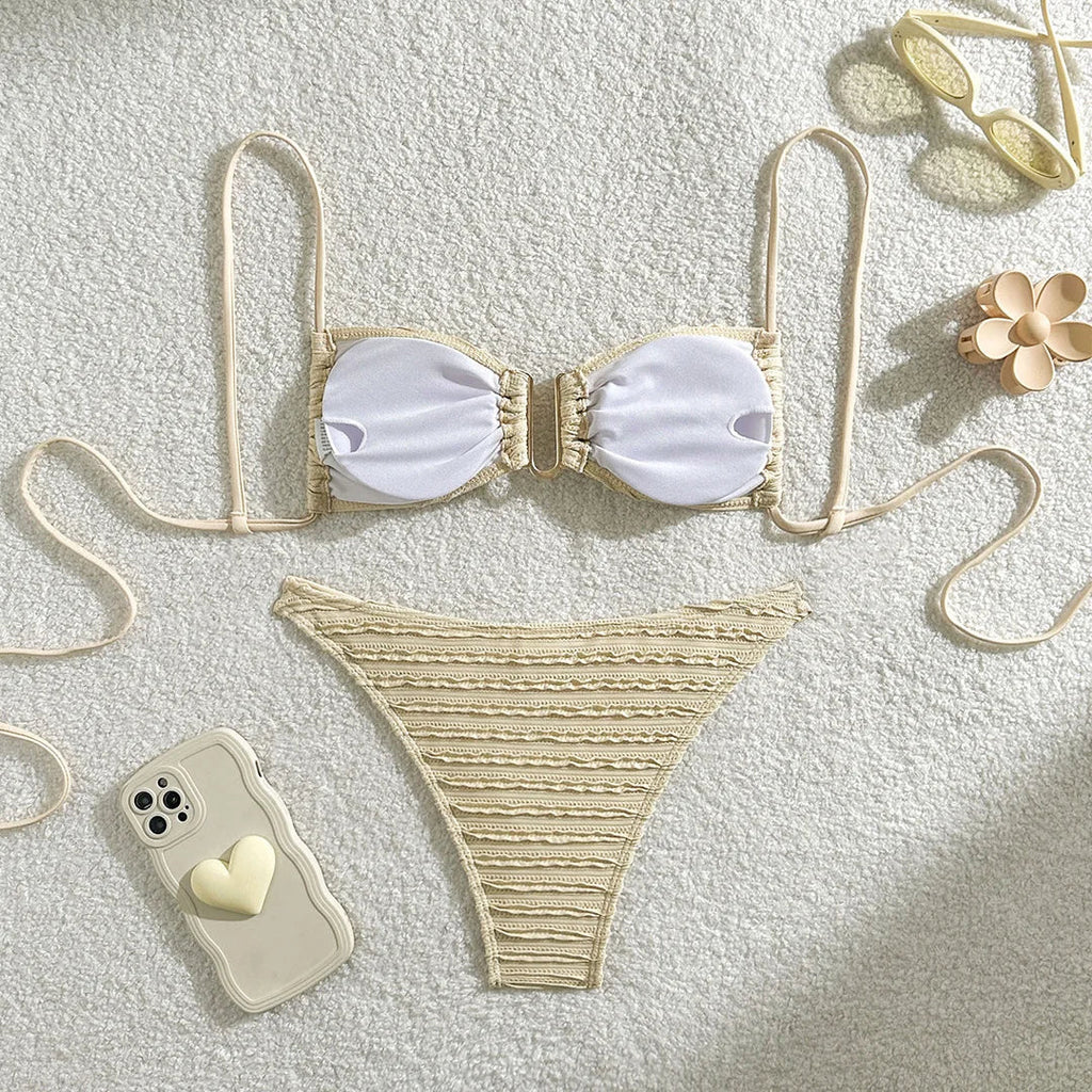 U Neck Wrinkled Crinkled Bikini Women Swimwear Female Swimsuit Two-Pieces Bikini Set High Cut Bather Bathing Suit Swim V5708B
