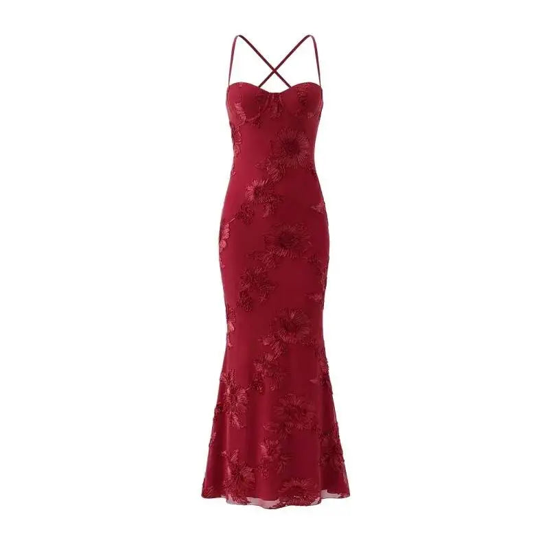 Sexy Backless Cross-cutout Strap Dress For Women Heavy-duty Fishbone Steel Support Slim-fit Jacquard Gown Fishtail Long CAUP