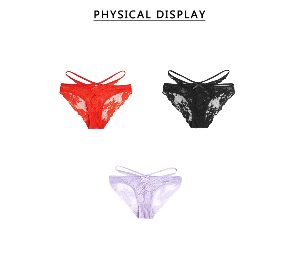Red Lace Criss Cross Panty for Women See Through Mesh Hollow Out Bow Thong Underwear Plus Size M-3XL
