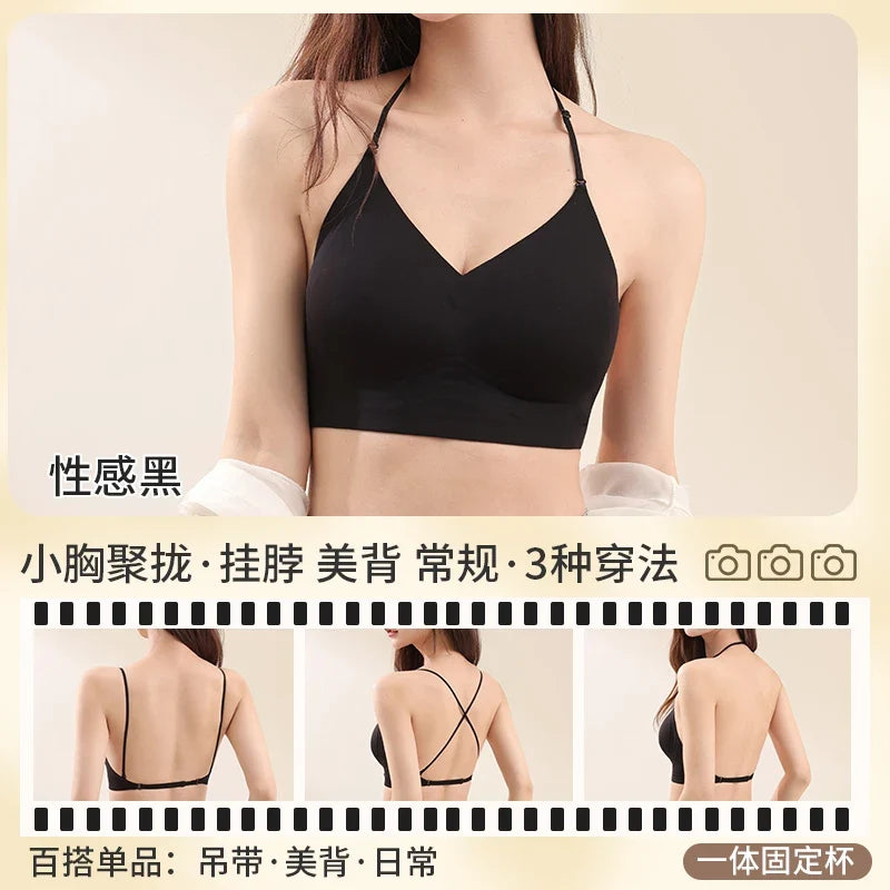 American Style Backless Bra Or Women Multiway Halter Bralette Push Up Small Chest Gather Sexy Cross U Back No Underwire Seamless