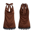 Women's Elegant Satin Tops Lace Trim Open Back Halter Low Cut Vest for Party Daily Casual Loose Fit Sleeveless Blouse