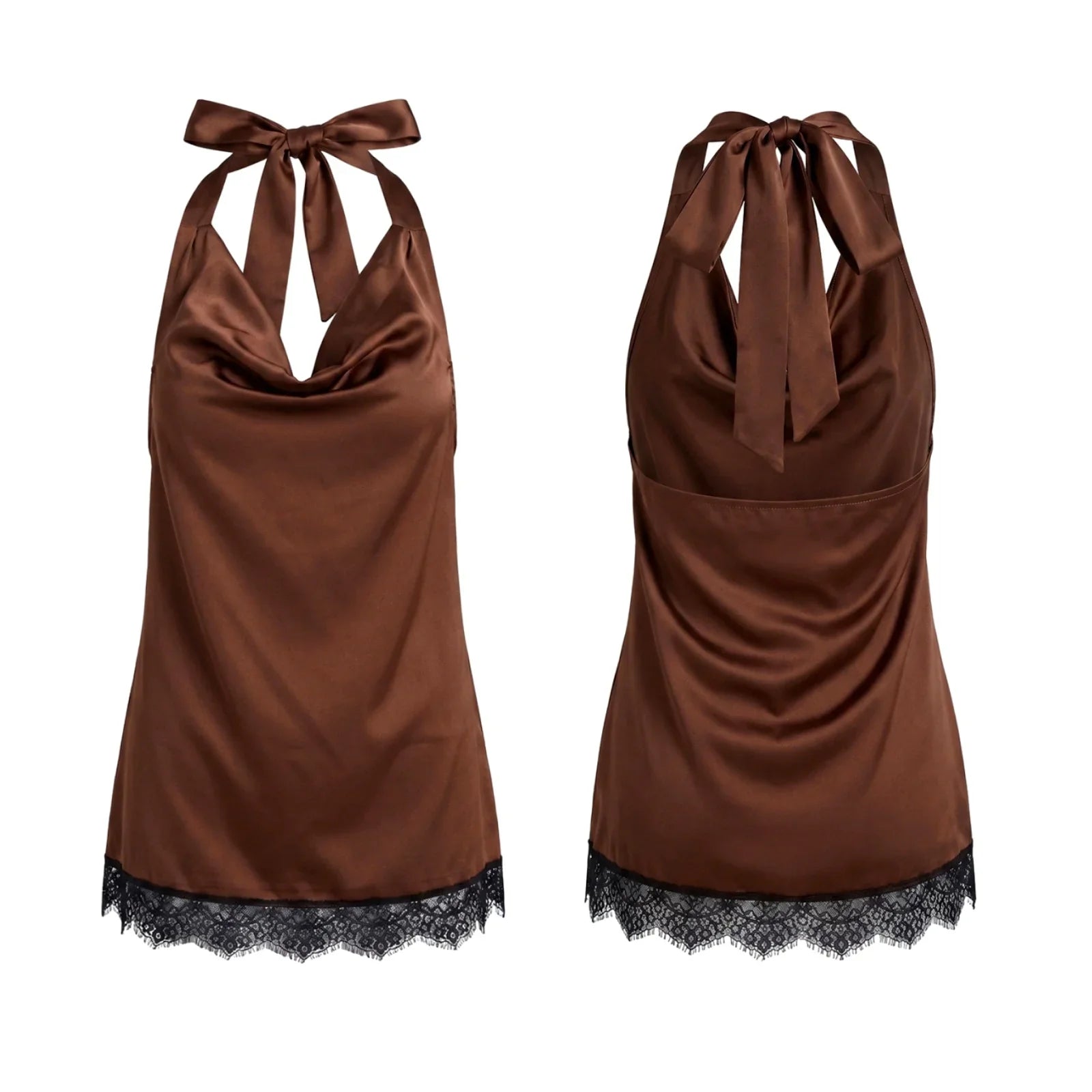 Women's Elegant Satin Tops Lace Trim Open Back Halter Low Cut Vest for Party Daily Casual Loose Fit Sleeveless Blouse