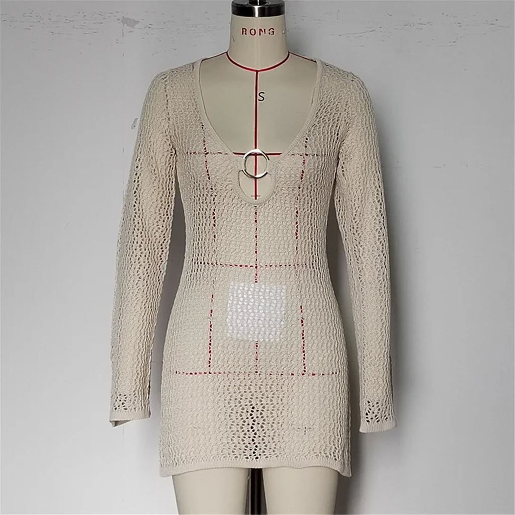 Long Sleeve Hollow Out Crochet Knitted Tunic Beach Dress Beach Wear Beachwear Beach Cover Up Cover-upsFemale Women V6552