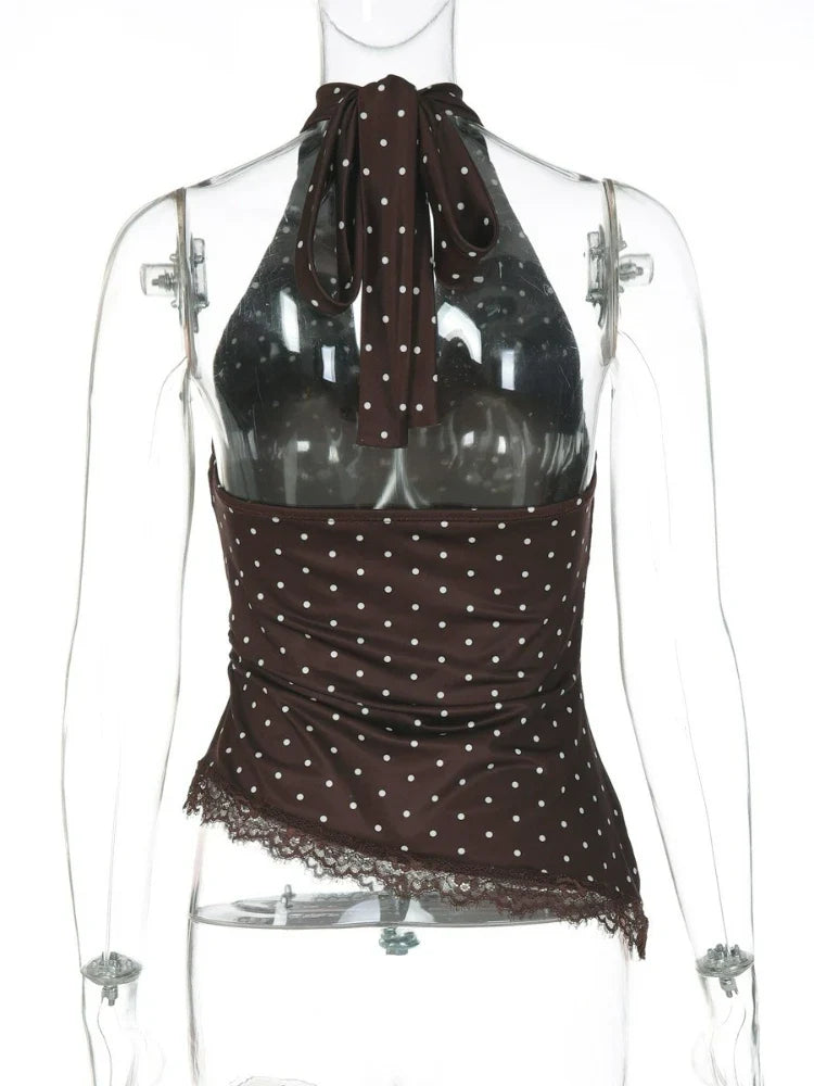 FDYOUI Women's Chic Polka Dot Tanks Top 2026 Summer Off Shoulder Lace Patchwork Corset Bandage Backless Crop Tops Streetwear