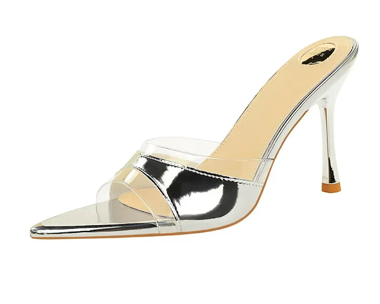 BIGTREE Shoes Women PVC Transparent Shoes for Women Sexy Pointed Open Toe Shallow Slider Slippers Ladies Sandal High Heels Mules