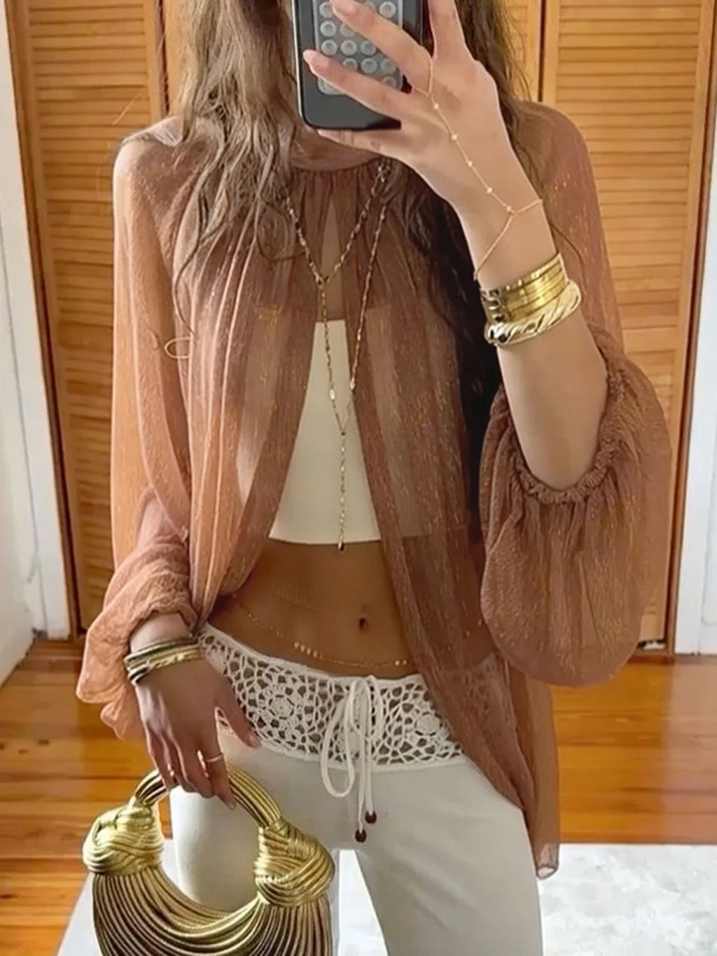 Women's Spring Summer Solid Color Sheer Blouse Glitter Long Sleeve Mock Neck Open Front Tops Streetwear