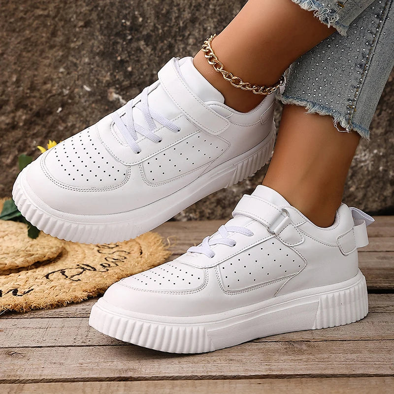 Plus Size 43 Breathable Platform Sneakers Women White Lace Up Thick Bottom Vulcanized Shoes Woman Hook Loop Non Slip Sport Shoes