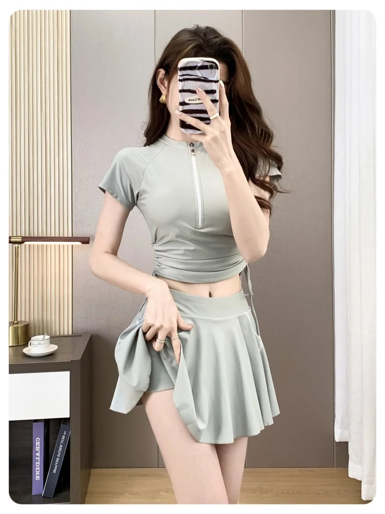 Split Sports Swimsuit, Women's Flat Corner Skirt Style Two-piece T-shirt, Girls' Student Sun Protection Swimming Suit