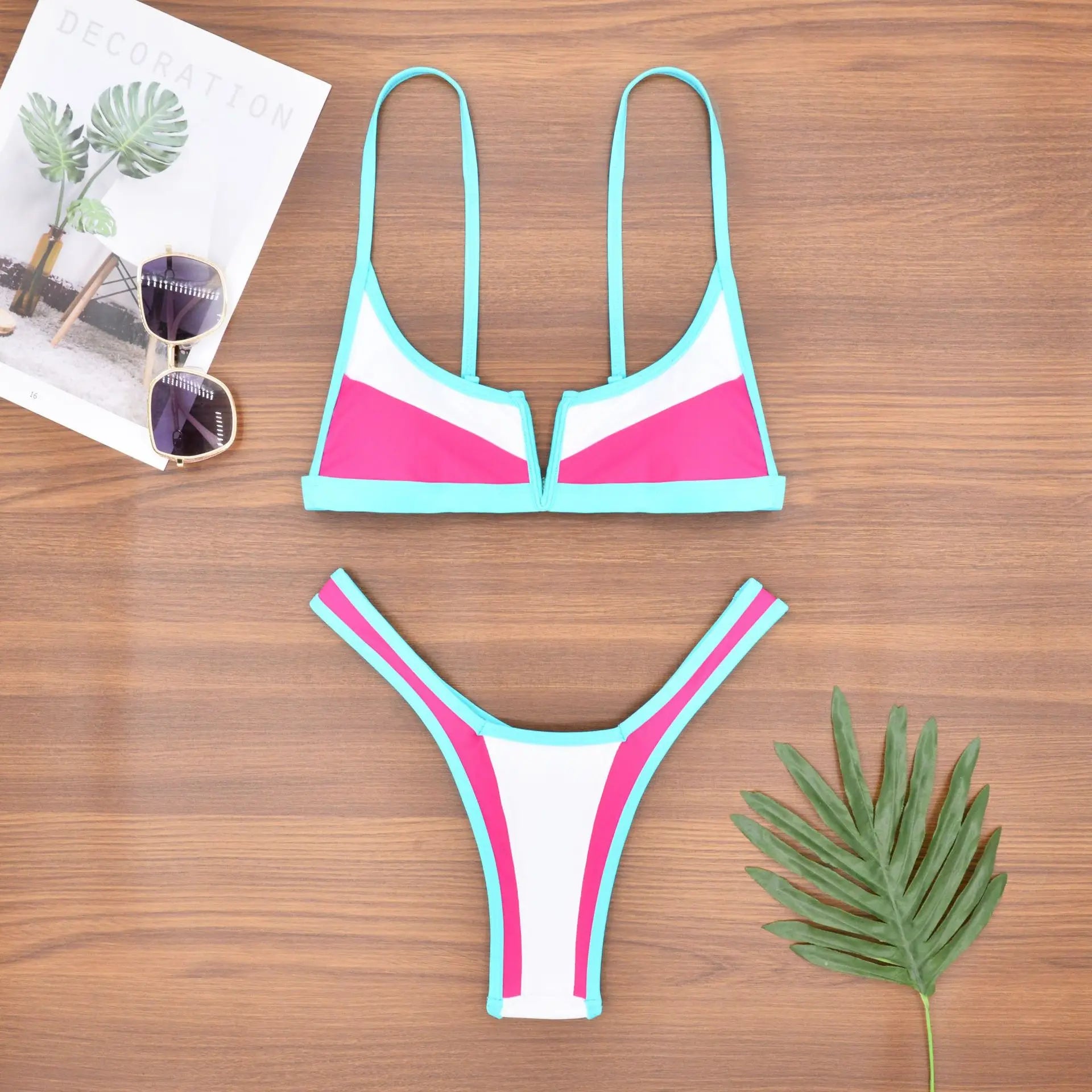 S - XL Splicing V Shaped Thong Bikini Women Swimsuit Female Swimwear Two Pieces Bikini Set Bather Push Up Bathing Suit Swim Lady