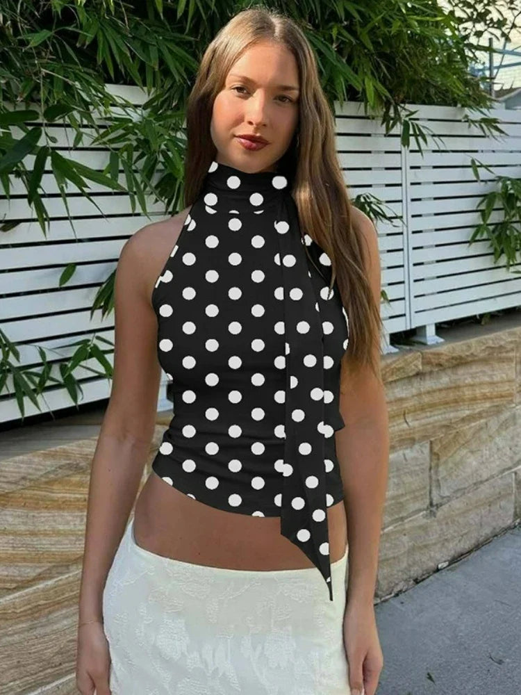 FDYOUI Elegant Bandage Off Shoulder Polka Dot Tank Tops for Women 2026 Summer Sleeveless Crop Top T-shirt Female Slim Corset