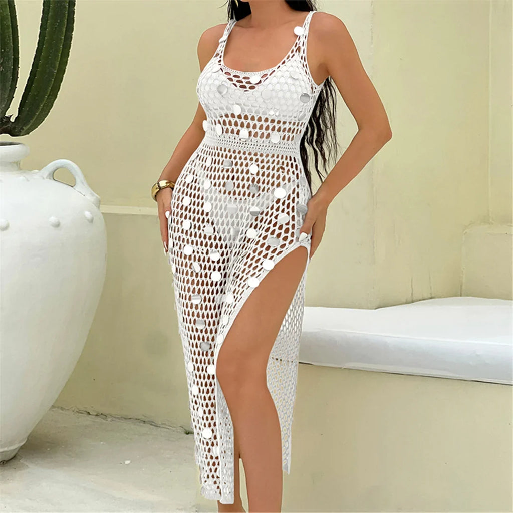 Shiny Sequins Hollow Out Crochet Knitted Tunic Beach Cover Up Cover-ups Beach Dress Mini Beach Wear Beachwear Female Women K6685