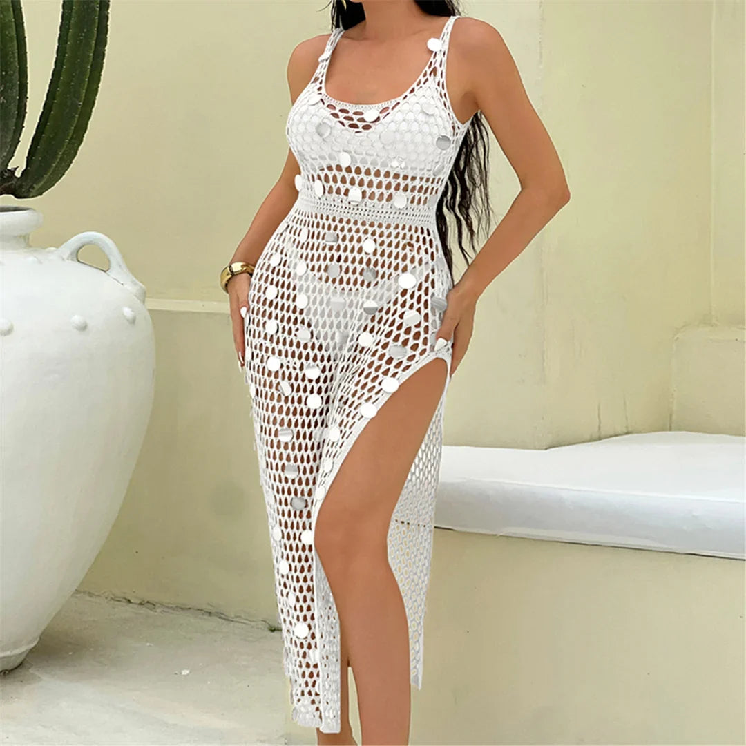 Shiny Sequins Hollow Out Crochet Knitted Tunic Beach Cover Up Cover-ups Beach Dress Mini Beach Wear Beachwear Female Women K6685