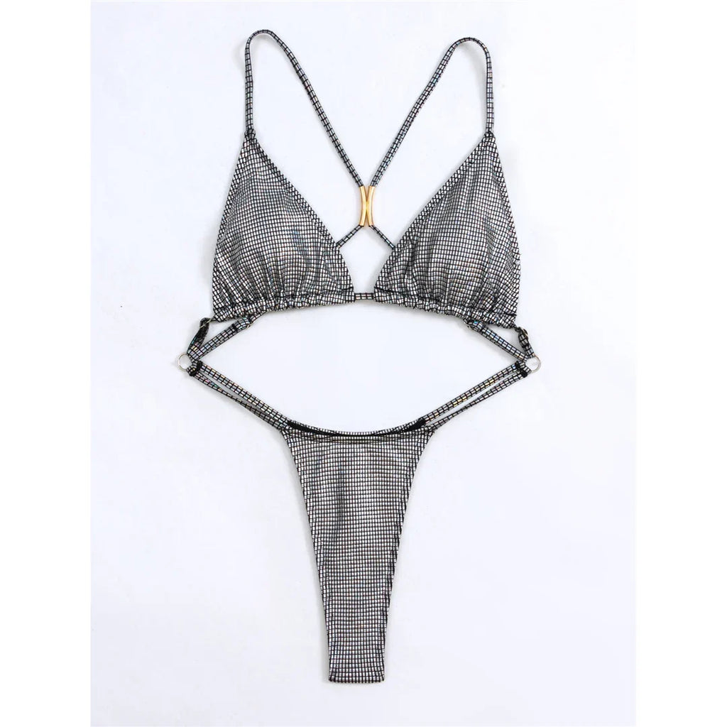 Sexy Sequins Cross Back Extreme String Mini Micro Thong Women Swimwear One Piece Swimsuit Female Bather Bathing Suit Swim V5506