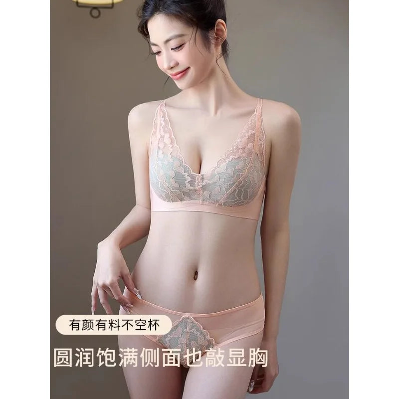 French Style Sexy Lace Underwear Set, Non-Padded Push Up Bra for Small Bust, Wirefree & Breathable, New Hot Bestseller MOYISU AB