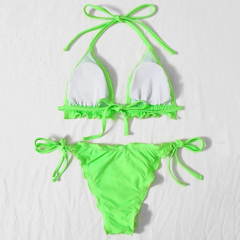 Ribbed Ruffled Frilled Brazilian Bikini Women Swimsuit Female Swimwear Two Pieces Bikini Set Halter String Bathing Suit Swim