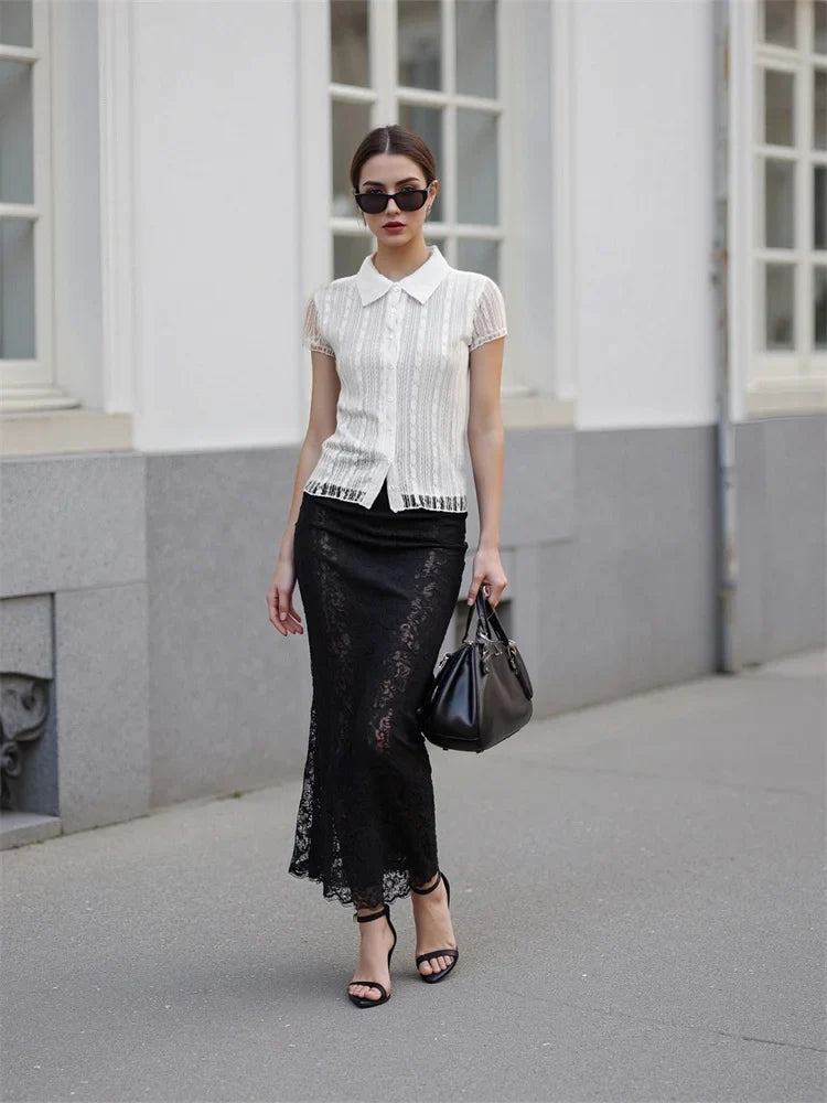 Women White Lace Shirts Solid Color Lapel V Neck Short Sleeve Slim Fit Tops and Blouses Summer Elegant
