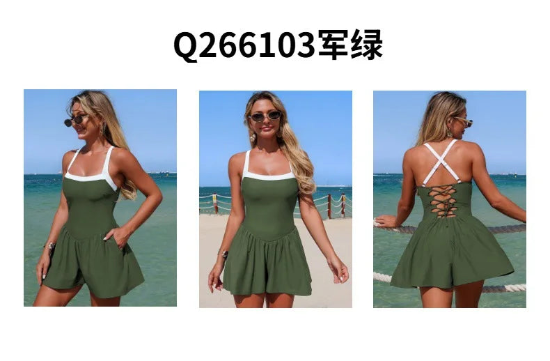 Vintage Black Patchwork Skirt One Piece Swimsuit 2026 Women Back Bandage Cross Pocket Swimwear Beach Bathing Suit Slim Monokini