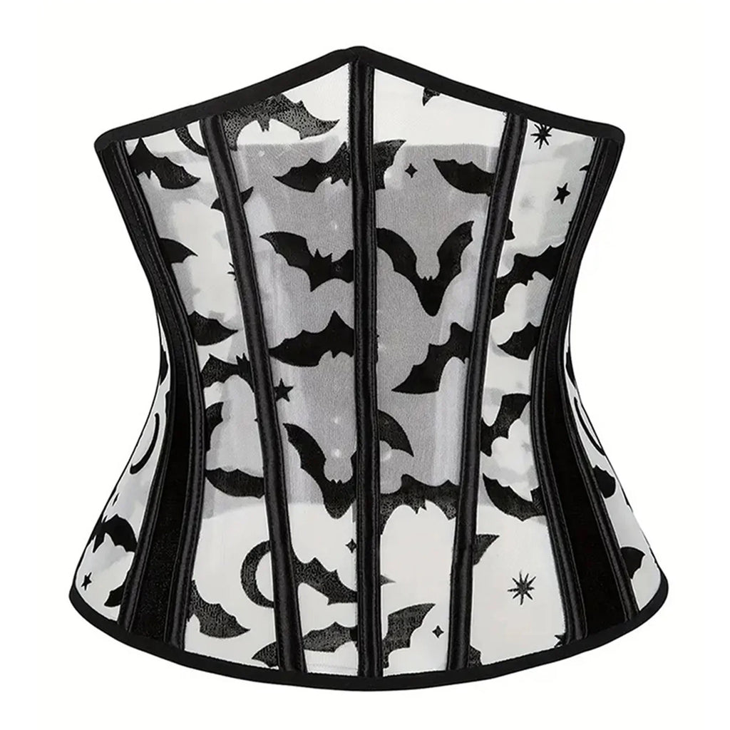Women Underbust Corset Tops Halloween Bat Print Bustier Shapewear Tie up Cincher Waistband for Dress Streetwear