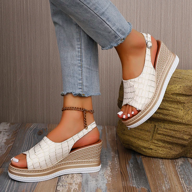 White Pu Leather Wedges Sandals Women Plus Size 43 Back Strap Platform Sandles Woman 2026 Summer Peep Toe High Heel Sandalias