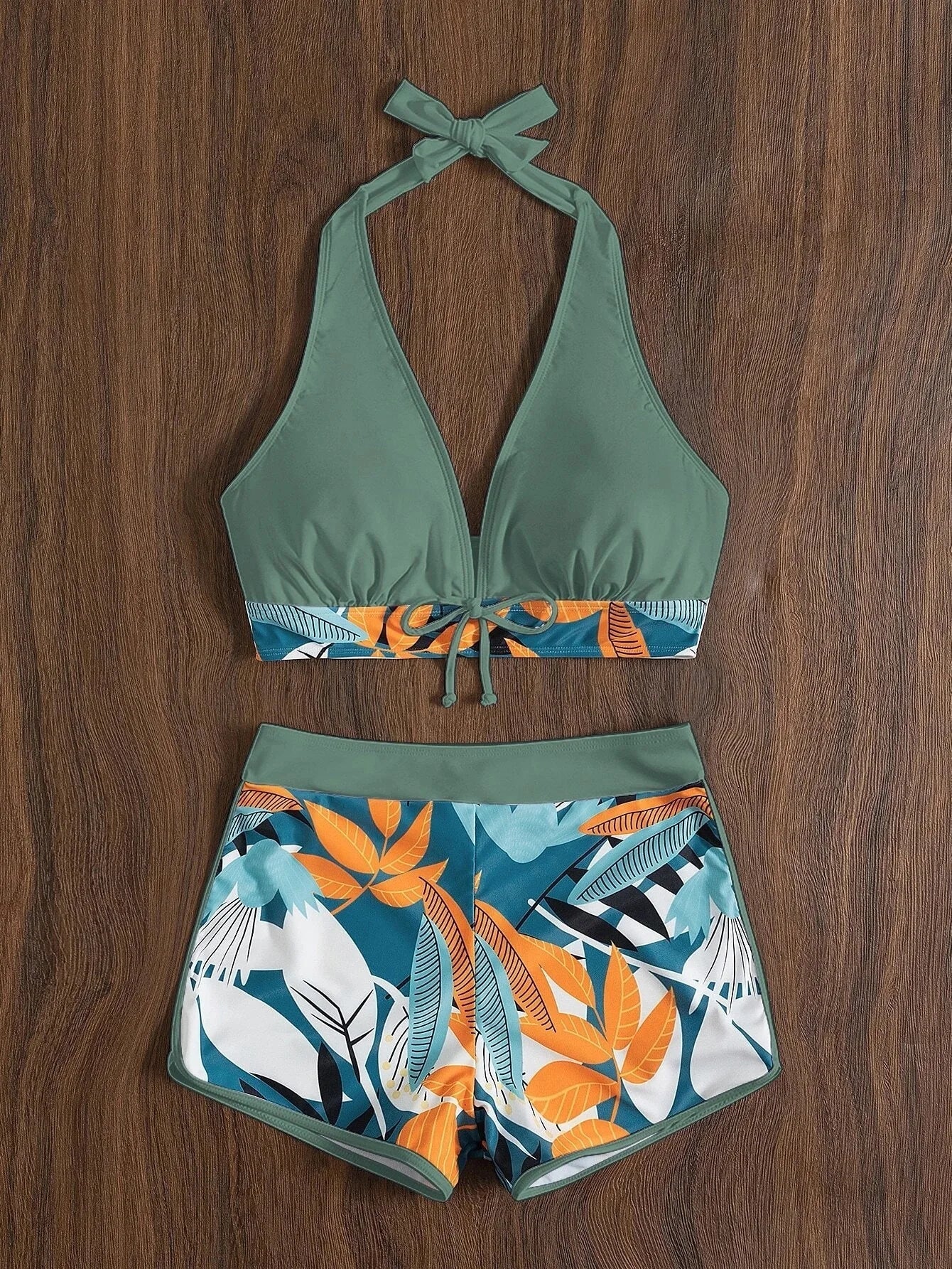 2026 Summer Women's Print Patchwork Swimsuit Sexy Deep V Neck Back Lace-up Swimwear High Waist Shorts Tankini Bathing Suit Beach