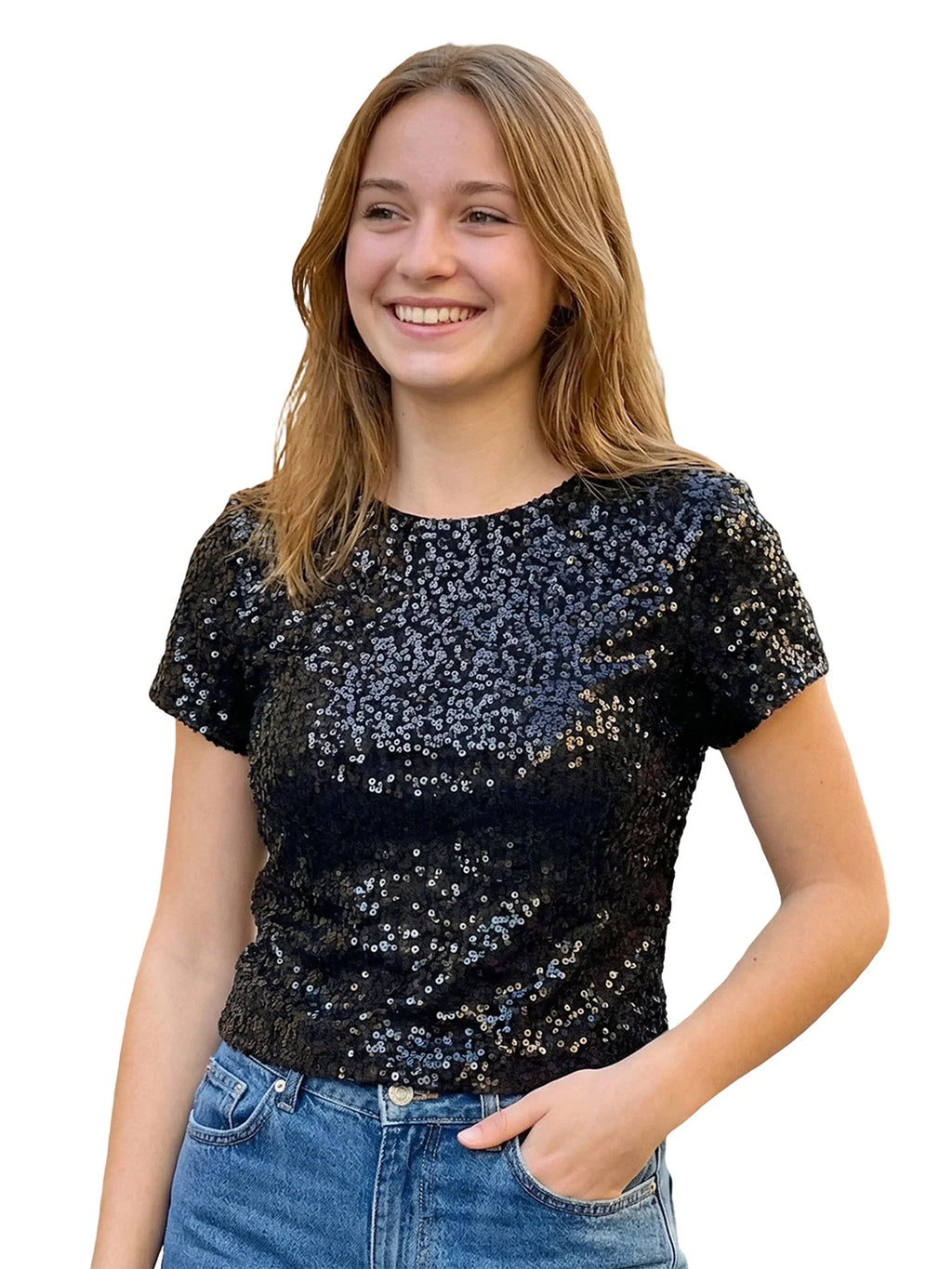 Women's Summer Solid Color Basic T Shirts Stylish Sequin Short Sleeve Round Neck Crop Tops for Casual Daily Wear