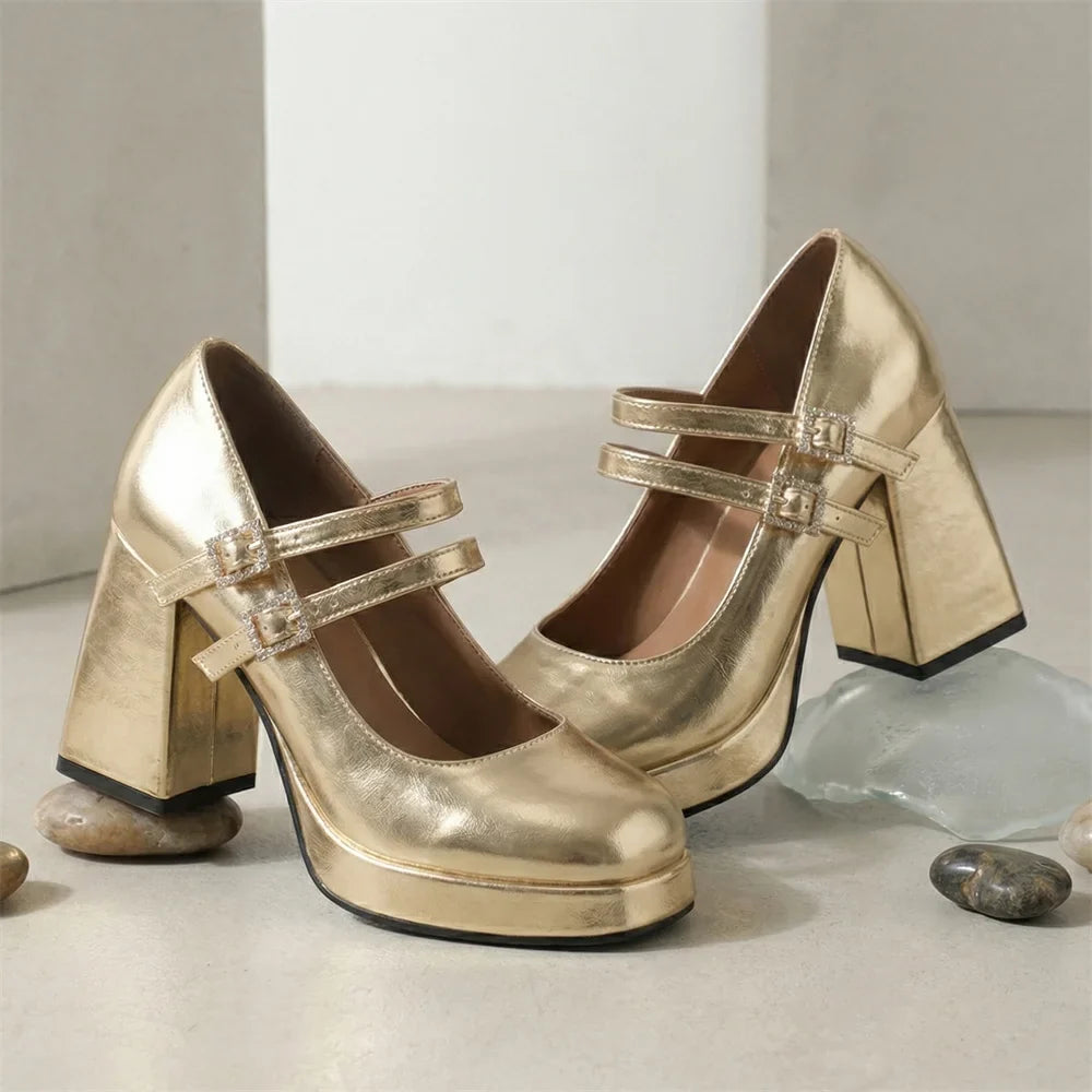 Big Size 32-46 Y2K Metallic Mary Jane High Heels Women Shoes Round Toe Double Straps Rhinestone Buckle Platform Block Heel Pumps