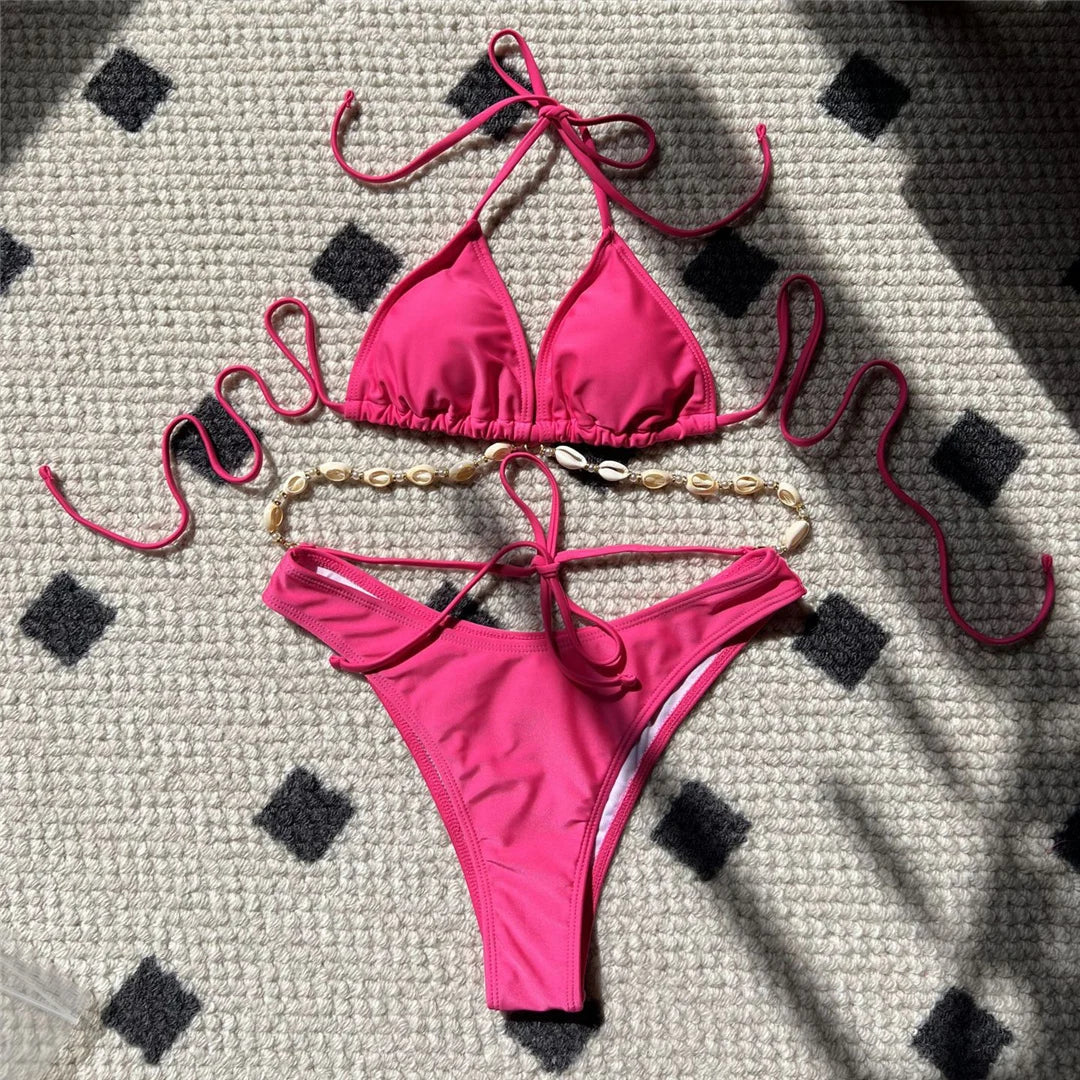 5 Colors Sexy Halter Shell Brazilian Bikini Female Swimsuit Women Swimwear Two-Pieces Bikini Set Bather Bathing Suit Swim V5469