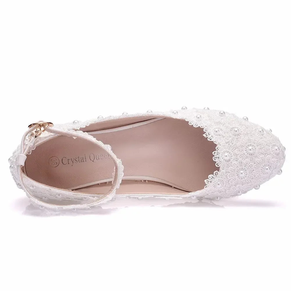 Women 3CM High Heels White Lace Pearl Wedding Shoes Sexy Bride Party  Pointed Toe Shallow Mouth Pumps Shoe Bridesmaid  Pink